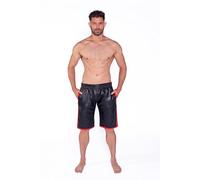Prowler RED Leather Long Sports Shorts - Black with Red Trim, Elastic Waistband, Pockets, Premium Fetish Streetwear (XLarge 36" Waist)