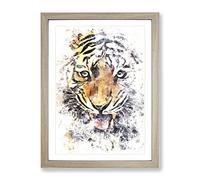 Prowling Tiger Watercolour Modern Framed Print | A4 Oak Framed Wall Art | Ready to Hang | Modern Animal Picture | Living Room Bedroom Lounge Office