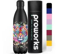 Proworks Performance Stainless Steel Sports Water Bottle | Double Insulated Vacuum Flask | 12 Hours Hot & 24 Hours Cold Drinks - Great for Home Work Gym & Travel - 1 Liter Lion Paint Splatter - Black