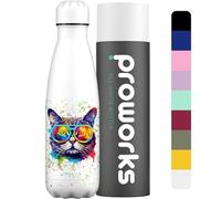 Proworks Performance Stainless Steel Sports Water Bottle | Double Insulated Vacuum Flask | 12 Hours Hot & 24 Hours Cold Drinks - Great for Home Work Gym & Travel - 500ml Cat Paint Splatter - White