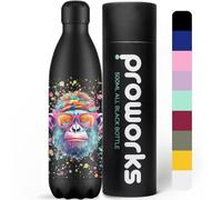 Proworks Performance Stainless Steel Sports Water Bottle | Double Insulated Vacuum Flask | 12 Hours Hot & 24 Hours Cold Drinks - Great for Home Work Gym & Travel - 1L Chimp Paint Splatter - Black