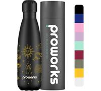 Proworks Performance Stainless Steel Sports Water Bottle | Double Insulated Vacuum Flask for 12 Hours Hot & 24 Hours Cold Drinks for Home, Work, Gym & Travel BPA Free - 500ml - All Black - Celestial