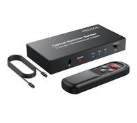 PROZOR Optical Cable Splitter 3-In-2-Out with IR Remote Control | Toslink audio splitter supports LPCM2.0/DTS/Dolby-AC3, Includes 1m/3.2ft optical cable for HDTV, soundbar, DVD