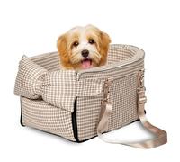 Prpeko Dog Car Seat for Small Dogs,Center Console Seat for Puppy,Anti-Collapse Pet Car Seat with Soft Cushion Safety Belt, Portable Car Armrest Seat for Dog & Cat Under 15 lbs (Grid-Brown)