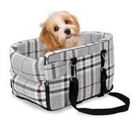 Prpeko Dog Center Console Seat for Small Dogs & Puppies - Anti-Collapse Pet Car Seat With Soft Cushion, Safety Belt - Portable Armrest for Dogs & Cats Under 15 lbs (Grid-Grey)