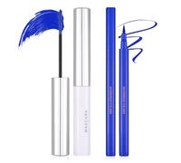 Prreal Navy Blue Mascara and Liquid Eyeliner Pen Set,4D Silk Fiber Colorful Charming Wateproof Mascara,Smudge-Proof Lengthening and Volumizing,Festival Eye Makeup,01