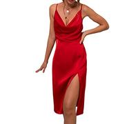 Prreey Women's Spaghetti Straps Satin Cami Midi Dress Cowl Neck Split Hem Evening Party Cocktail Slip Dress (Red, M)