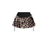 PRSFPN Women's Y2k Mini Ruffle Skirts with Shorts Tiered Layers Cute Elastic Waist Coquette Skort Drawstring Side Bow Tie, Brown Plaid, L