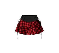 PRSFPN Women's Y2k Mini Ruffle Skirts with Shorts Tiered Layers Cute Elastic Waist Coquette Skort Drawstring Side Bow Tie, Red Plaid, S