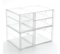 Prsildan Acrylic Drawer Makeup Organizer with 6 Drawers, Set of 2 Office Desk Organizers Accessories, Clear Stackable Storage Drawers for Vanity, Craft, Not for Baby Bottle (Largest Drawer 4" Tall)