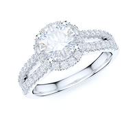 PRSTANI Sterling Silver Split Shank 1.0 Carat Simulated Round Brilliant Cut or Moissanite Engagement Halo Engagement Bridal Ring, Metal, sterling silver, rhodium, Genuine Moissanite