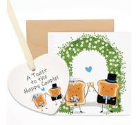 PRSTENLY Wedding Card for Bride and Groom, Wedding Day Card with Ceramic Heart Plaque for Couple Mrs Mrs, Congratulations Cards with Envelope, A Toast to The Happy Couple