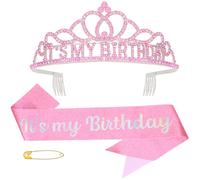 Pruadeor Birthday Crown Set, Women's Pink Rhinestone Tiara Crown with "It's My Birthday" & Glitter Sash, Birthday Party Accessories