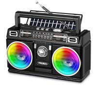 PRUNUS J-750 AM FM Radio Portable with Bluetooth Speaker, USB TF Card Playing, Solar/USB-C Rechargeable Radios, Double Speaker, Colorful Light, Transistor Radios Portable AM FM, Bluetooth Radio