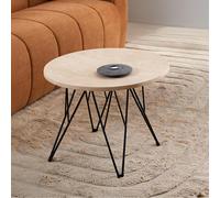 Prunus Side Table - Round - Beige Travertine Effect - with Black Hairpin Legs