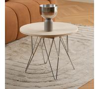 Prunus Side Table - Round - Beige Travertine Effect - with Chrome Hairpin Legs