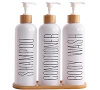 Prus Waso Shampoo and Conditioner Dispenser, Contains Shampoo Conditioner Body Wash Dispenser. Shower Soap Dispenser with Bamboo Pumps & Tray, Perfect for Modern Bathroom Decor. (White)