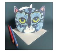 Prussian Blue Cat Face - Die Cut Card - Greeting Card - Daniel Mackie Designs 13 cm sq wrapped in cello with envelope