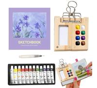 PRVCFZ Travel Watercolour Set, Mini Watercolour Paint Set Travel, Mini Watercolour Kit with 8-Grid Paint Box, 12 Colors Watercolour Paints, Water Brush & Sketchbook for Outdoor Painting