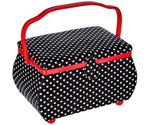 Prym Black & White Polka Dot Fabric with Red Trim Shaped-Handle Sewing Basket-Large, Cotton, 32x20.5x20 cm, 612246-1
