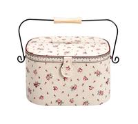 Prym Ivory Linen Fabric with Delicate Country Rose Tape Measure Print Trim Metal/Wood Handle Sewing Basket-Large, 30x20.5x19 cm