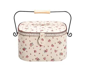 Prym Ivory Linen Fabric with Delicate Country Rose Tape Measure Print Trim Metal/Wood Handle Sewing Basket-Large, 30x20.5x19 cm