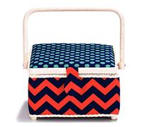 Prym Navy, Red & Turquoise Chevron & Polka Dot Geometry Print Fabric with Ivory Trim Sewing Basket-Medium, Polyester, 23x23x14 cm