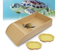 PRZRAO Tortoise Bowl, Brown, Turtle Basin with Ramp, Reptile Feeding Box, Bathing Dish, Habitat Accessories, 35x19.5x5.5cm