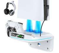 PS 5 Wall Mount Kit with Cooling Fan and Charging Station Compatible with P5/ Slim/ Pro Disc and Digital, PS Five Floating Base Holder Shelf with 9 RGB Lights & 3-Level Fan, P5 Accessories for Gaming