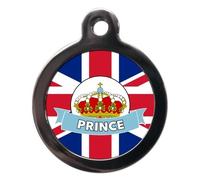 PS Pet Tags - Cute Pet ID Tags - Prince Union Jack Flag Design - Zinc Alloy Metal - Large (32mm) Small (24mm) - Personalised On Reverse - Dog Cat Fun Name Address Tag