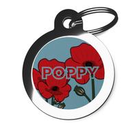 PS Pet Tags - Flower Pet ID Tags - Poppy Image and Text Design - Zinc Alloy Metal - Large (32mm) Small (24mm) - Personalised on Reverse - Dog Cat Name Address Tag