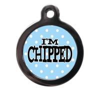 PS Pet Tags - Microchipped Pet ID Tags - I'm Chipped Blue Polka Dot Design - Zinc Alloy Metal - Large (32mm) Small (24mm) - Personalised On Reverse - Dog Cat Cute Name Address Tag