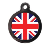 PS Pet Tags - World Flag Pet ID Tags - Union Jack Design - Zinc Alloy Metal - Large (32mm) Small (24mm) - Personalised On Reverse - Dog Cat Cute Name Address Tag