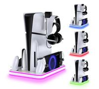 PS5 Cooling Stand & Charging Station for Portal, Dual Controllers with RGB | Supports original PS5 and PS5 Slim Disc or Digital consoles; set console USB power to Always for charging during rest mode