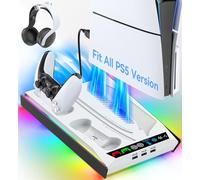 PS5/ Pro/Slim Stand for Disc & Digital Console, PS5 Cooling & Charging Station with 3-Level Auto Fan, PS5 Controller Charger for PS5 & Edge Controller, PS5 Pro Accessories with 3 Charging Ports