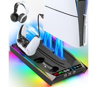 PS5/ Pro/Slim Stand for Disc & Digital Console, PS5 Cooling & Charging Station with 3-Level Auto Fan, PS5 Controller Charger for PS5 & Edge Controller, PS5 Pro Accessories with 3 Charging Ports, Black