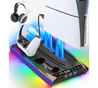 PS5/ Pro/Slim Stand for Disc & Digital Console, PS5 Cooling & Charging Station with 3-Level Auto Fan, PS5 Controller Charger for PS5 & Edge Controller, PS5 Pro Accessories with 3 Charging Ports