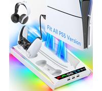 PS5/ Pro/Slim Stand for Disc & Digital Console, PS5 Cooling & Charging Station with 3-Level Auto Fan, PS5 Controller Charger for PS5 & Edge Controller, PS5 Pro Accessories with 3 Charging Ports
