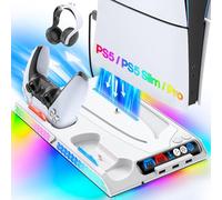 PS5/PS5 Slim Cooling Station with Auto Turbofan, PS5 Cooling Stand with Temp Auto Control 3-Level Speeds, Hexagon Lights, PS5/Slim Accessories Dock Station for PlayStation 5