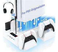 PS5 / PS5 Slim Cooling Station with Controller Charging Station, Cooling Stand for PlayStation 5 Console, PS 5 Dock Accessories Organizer with Storage Slot, PS 5 Cooler Fan, Headset Holder, 4 USB Hub