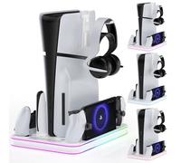 PS5/PS5 Slim/PS5 Pro Stand and Cooling Station with RGB Light Controller Charging Station for PS5, Charging Dock for PS Portal P5/P5 Slim/P5 Pro Accessory with 3 Level Cooling Fan