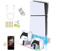 PS5/PS5 Slim/PS5 Pro Wall Mount Kit with Charging Station RGB LED Light for PS5/New PS5 Slim/Pro Consoles Disc&Digital,Fast Dual Controller Chargers,Steel Wall Stand,Headphone Hanger
