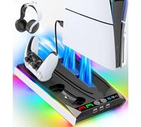 PS5/ PS5 Slim Stand for Disc & Digital Console, PS5 Cooling & Charging Station with 3-Level Fan, PS5 Controller Charger for PS5 & Edge Controller, PS5/Slim Accessories with 3 Charging Ports
