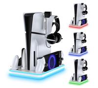 PS5 Slim Accessories Cooling Stand with RGB LED - DualSense & Edge Controller Charging Dock - Vertical Charging Base with USB Ports - White