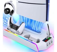 PS5/Slim/Pro Cooling Station Stand RGB with Dual Controller Charging Station for PlayStation 5 Console, PS5 Accessories Incl. Controller Charger, Cooling Fan, Headset Holder, 3 USB Hub- White