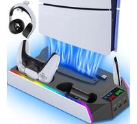 PS5/Slim/Pro Cooling Station Stand RGB with Dual Controller Charging Station for PlayStation 5 Console, PS5 Accessories Incl. Controller Charger, Cooling Fan, Headset Holder, 3 USB Hub-White&Black