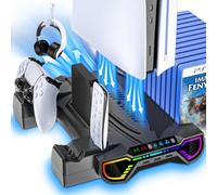 PS5/Slim/Pro Cooling Station with Controller Charging Station for Playstation 5 Console - RGB PS5 Stand with Controller Charger, Cooling Stand Accessories Kit-Turbo Fan/Headset Holder/3 USB Hub, Black