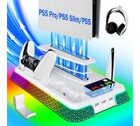 PS5/Slim/Pro Stand and Cooling Station with LED Controller Charging Station for PlayStation 5 Console,Accessories Incl.Controller Charger,PS5 Cooling Fan,Headset Holder,3 USB Hubs (pyramid-white)
