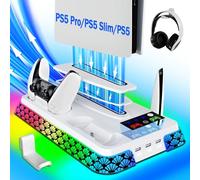 PS5/Slim/Pro Stand and Cooling Station with LED Controller Charging Station for PlayStation 5 Console,Accessories In ontroller Charger,PS5 Cooling Fan,Headset Holder,3 USB Hubs (firework-white)