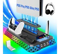 PS5/Slim/Pro Stand and Cooling Station with LED Controller Charging Station for PlayStation 5 Console,Accessories Incl.Controller Charger,PS5 Cooling Fan,Headset Holder,3 USB Hubs (firework-black)
